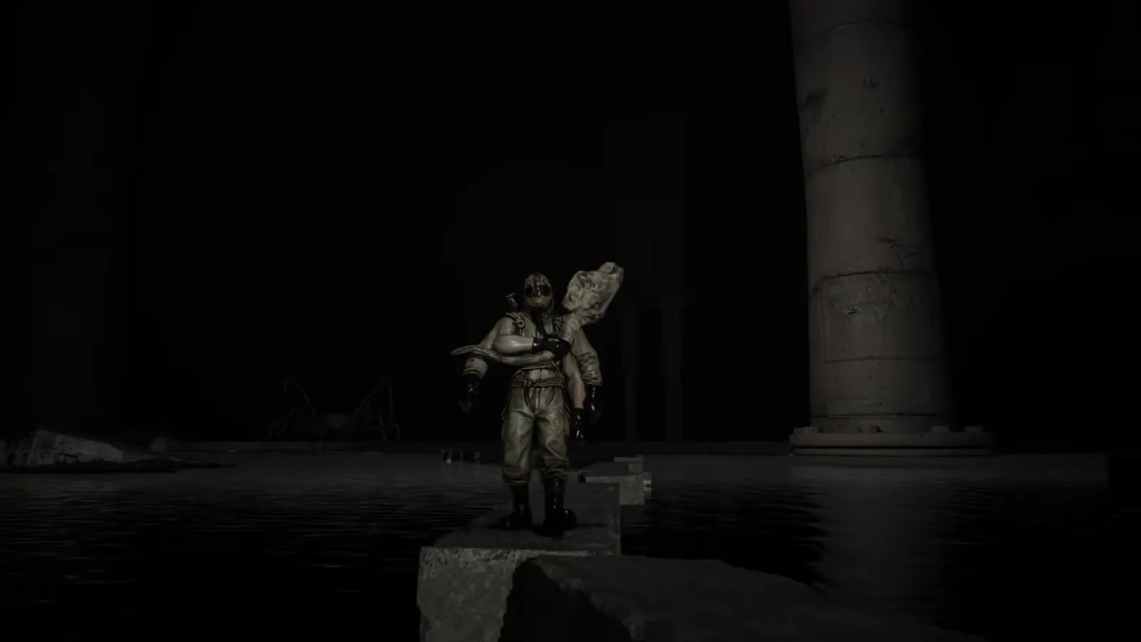 Small distant humanoid silhouette standing far down a flooded industrial hall between pipe columns