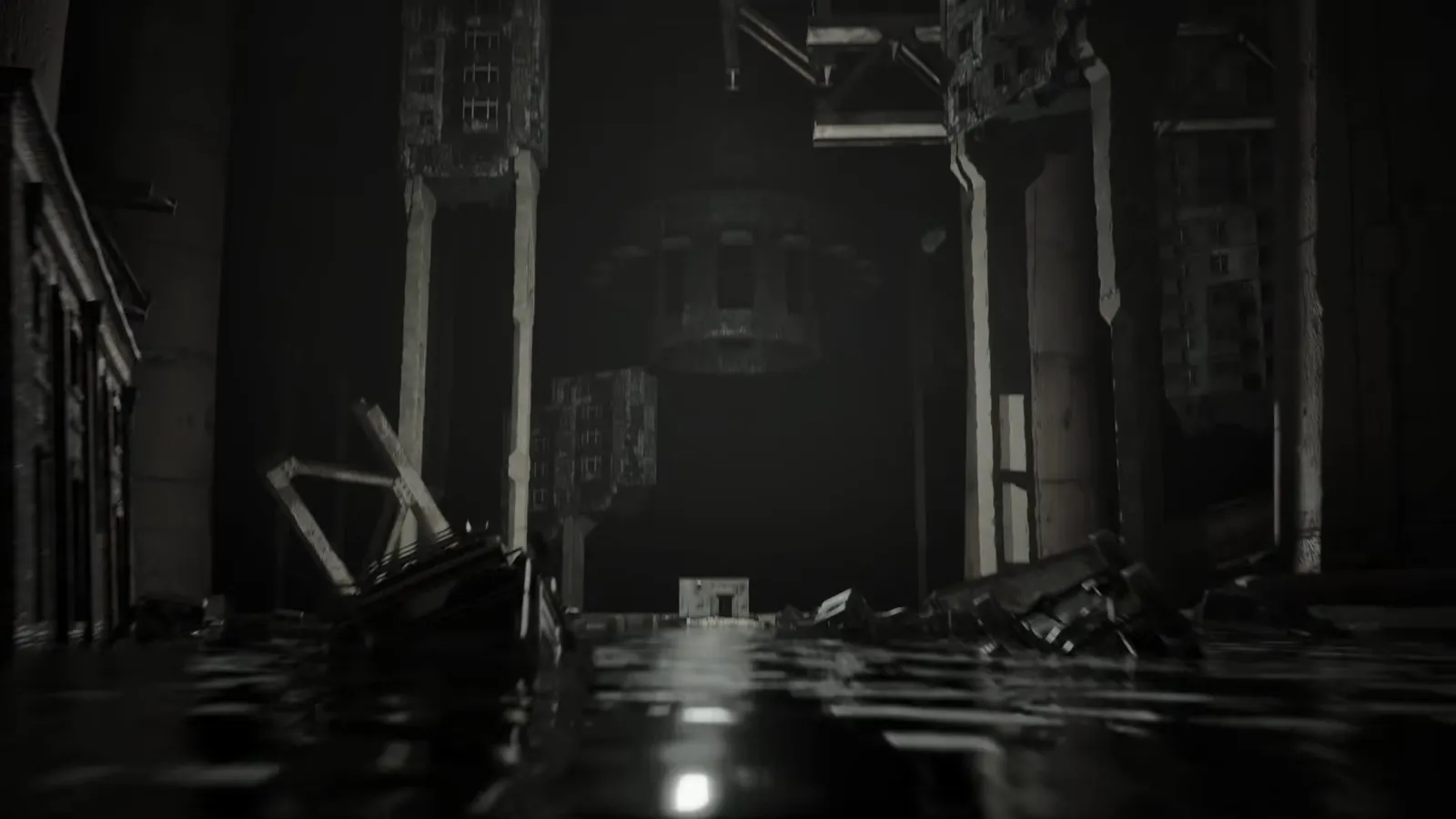 Wide flooded industrial hall with metal pipes overhead and ankle-deep standing water reflecting ceiling lights